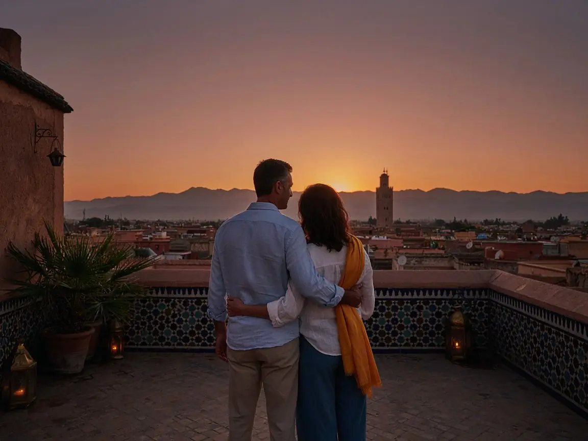 Casal abraçado em um terraço de Marrakech, olhando o pôr do sol com a Koutoubia ao fundo